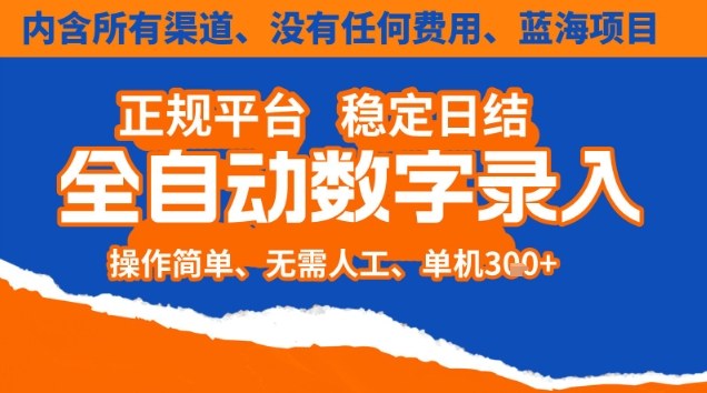 全自动数字录入，单机日入3张+，内含所有渠道全程免费零成本，操作简单可矩阵开干【揭秘】-网创风向标