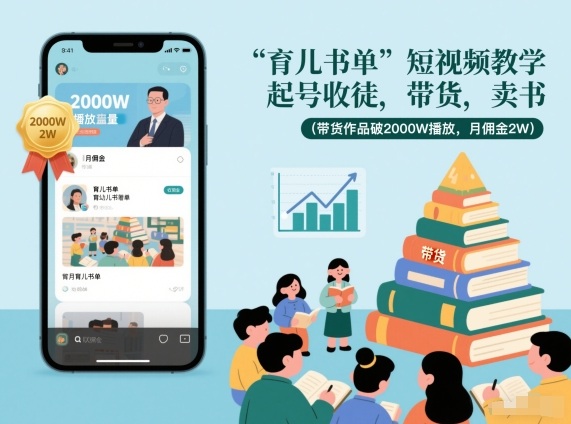 育儿书单短视频教学，起号收徒，带货，卖书(带货作品破2000W播放，月佣金2W)-网创风向标