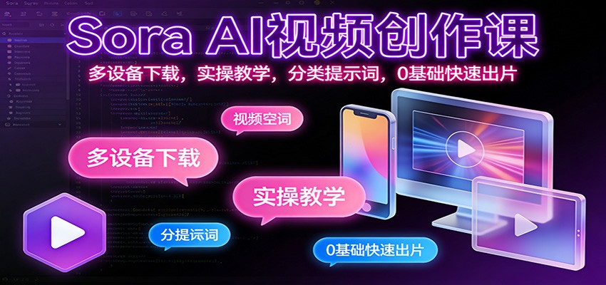 Sora AI视频创作课：多设备下载，实操教学，分类提示词，0基础快速出片-网创风向标