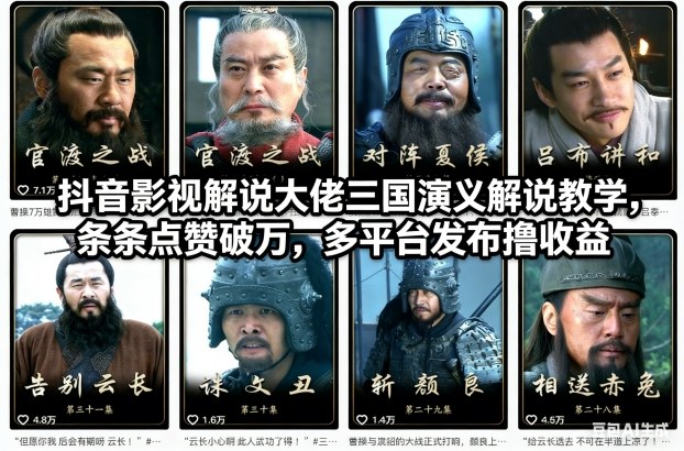 抖音影视解说大佬三国演义解说教学,条条点赞破万,多平台发布撸收益-网创风向标