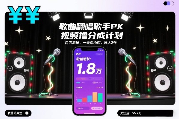 歌曲翻唱歌手PK视频撸分成计划,自带流量,一天两小时,日入2张-网创风向标