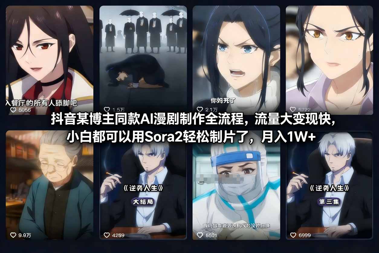 抖音某博主同款AI漫剧制作全流程,流量大变现快,小白都可以用Sora2轻松制片了,月入1W+-网创风向标