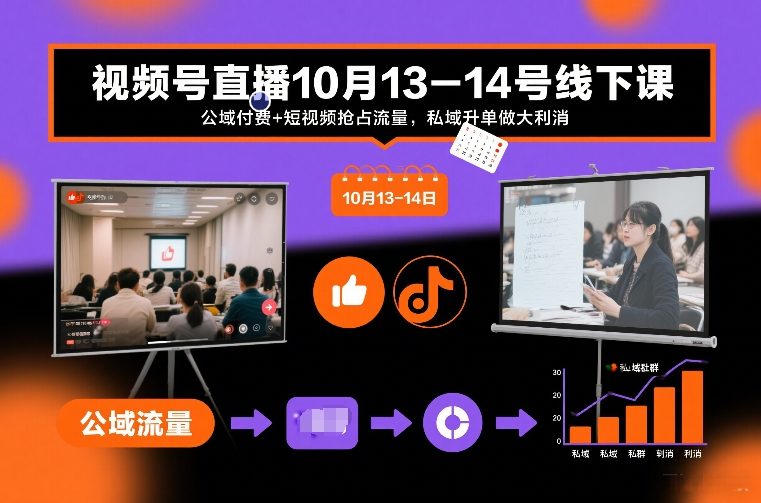 视频号直播10月13-14号线下课，公域付费+短视频抢占流量，私域升单做大利消-网创风向标