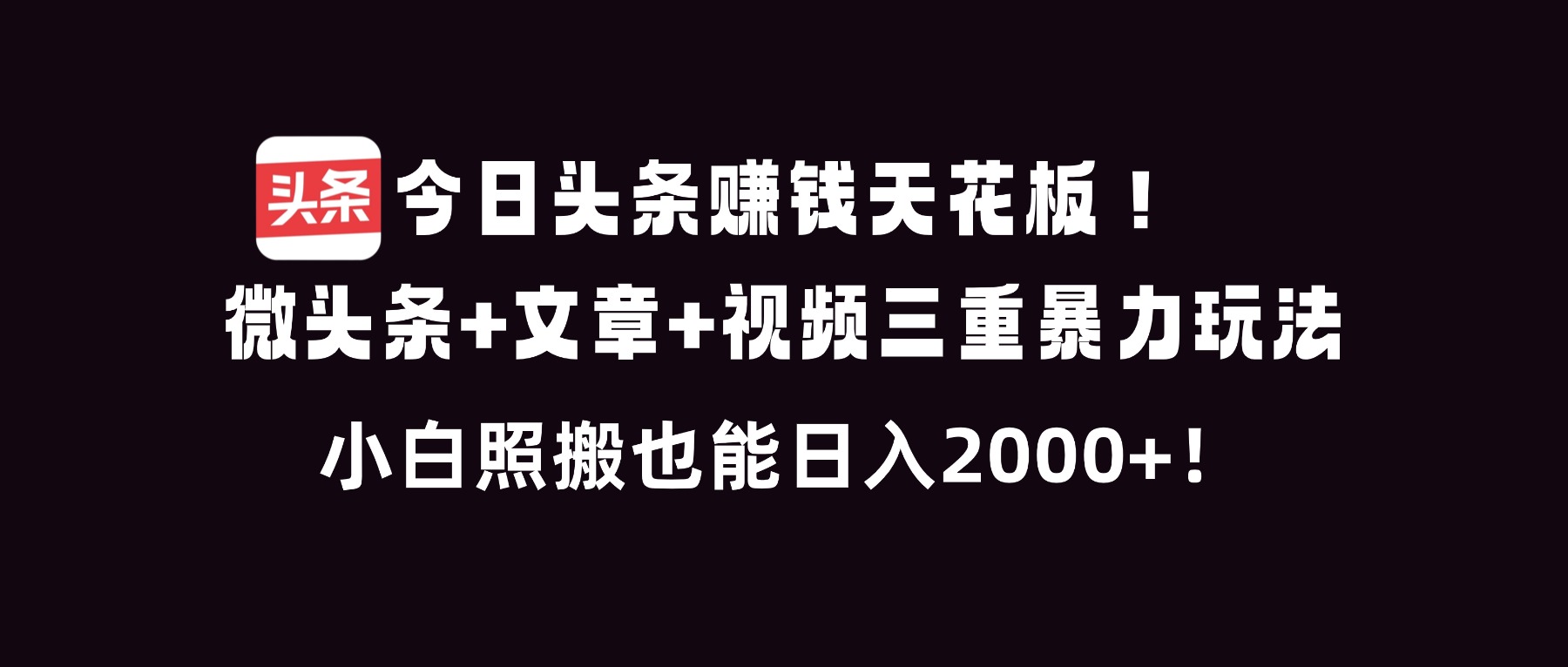 今日头条赚钱天花板！微头条+文章+视频三重暴利玩法，小白照搬也能日人2000+-网创风向标
