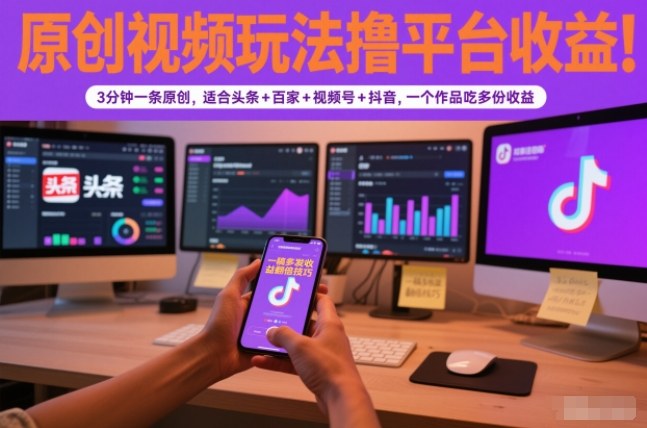原创视频玩法撸平台收益,3分钟一条原创,适合头条+百家+视频号+抖音,一个作品吃多份收益-网创风向标