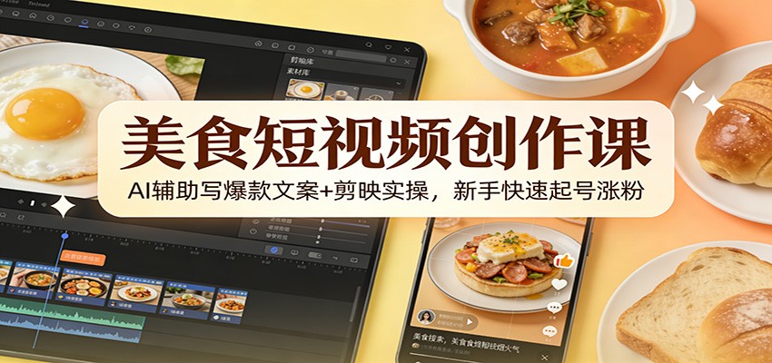 美食短视频创作课:AI辅助写爆款文案+剪映实操,新手快速起号涨粉-网创风向标