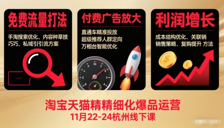淘宝天猫精细化爆品运营11月22-24杭州线下课,免费流量打法+付费广告放大+利润增长(音频+文档)-网创风向标