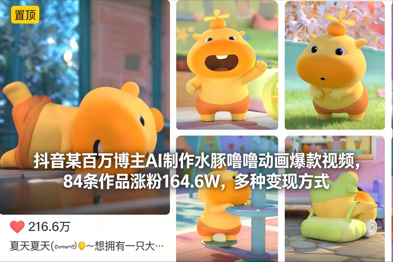 抖音某百万博主AI制作水豚噜噜动画爆款视频,84条作品涨粉164.6W,多种变现方式-网创风向标